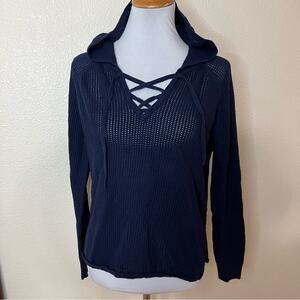 Michael Stars navy blue lace up loose knit hooded pullover sweater LARGE